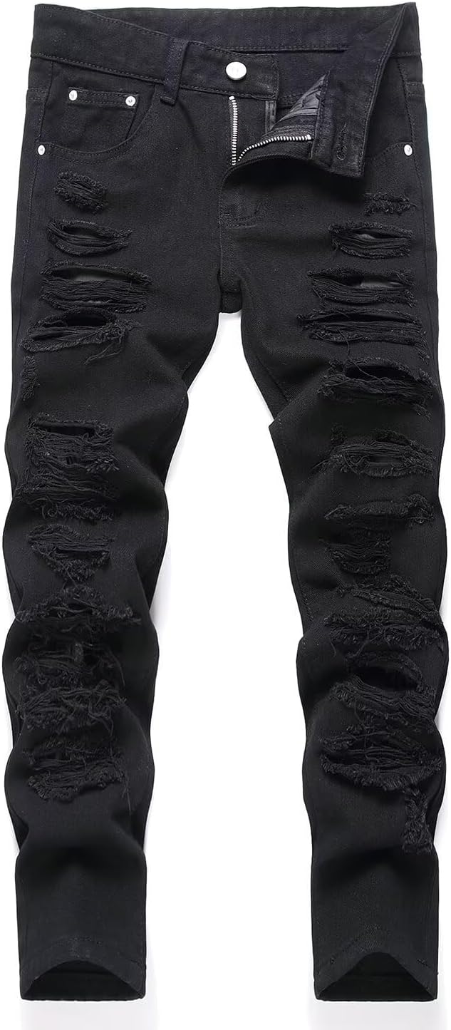 HENGAO Boy's Distressed Ripped Skinny Jeans