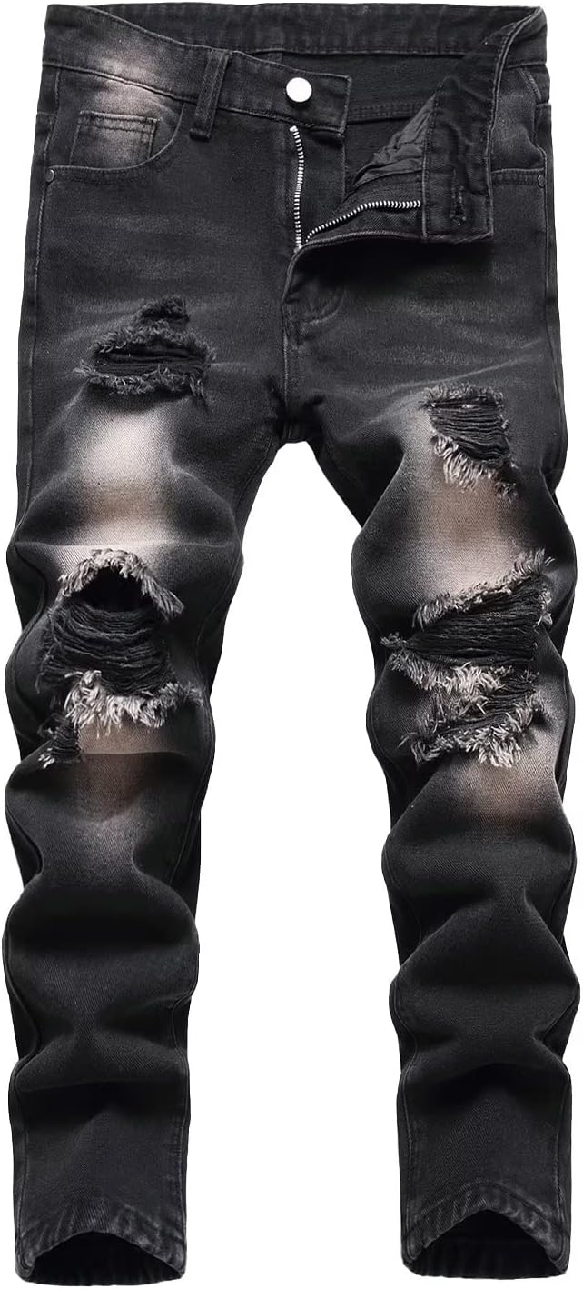 HENGAO Boy's Distressed Ripped Skinny Jeans