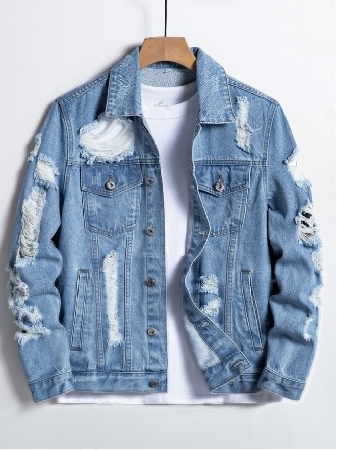 Men's Ripped Distressed Denim Blue Jean Jacket