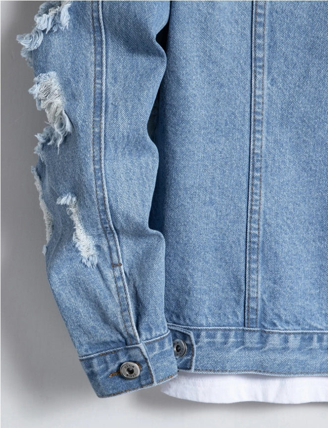 Men's Ripped Distressed Denim Blue Jean Jacket