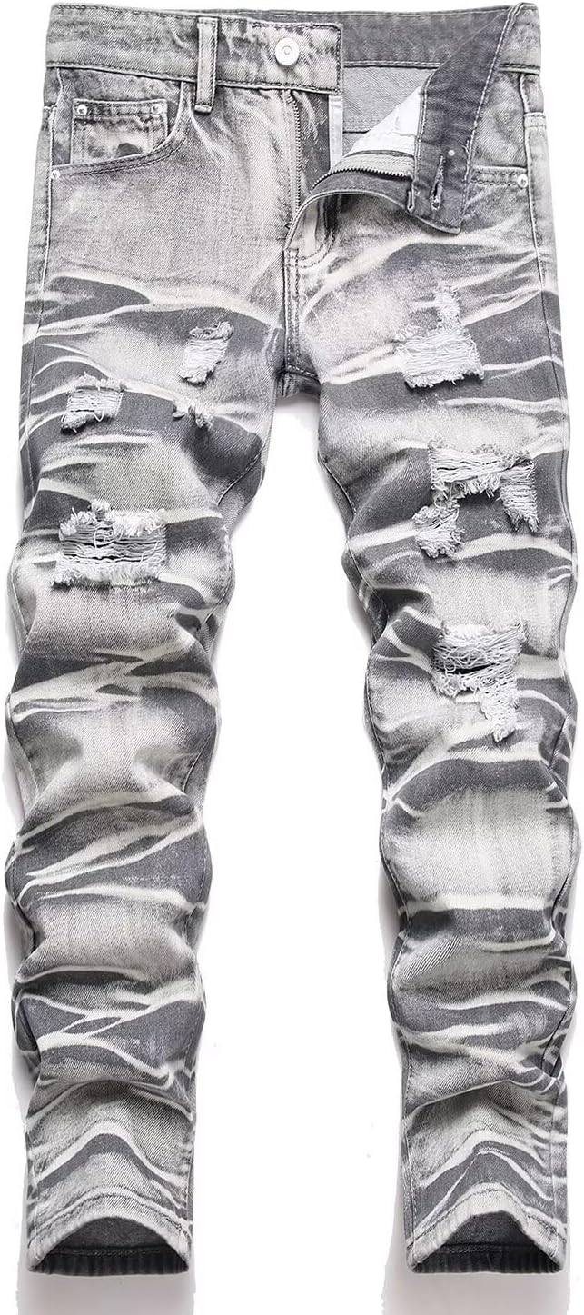 HENGAO Boy's Distressed Ripped Skinny Jeans