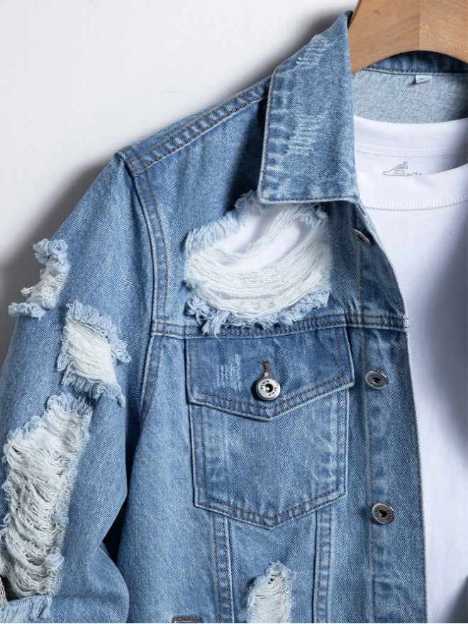 Men's Ripped Distressed Denim Blue Jean Jacket
